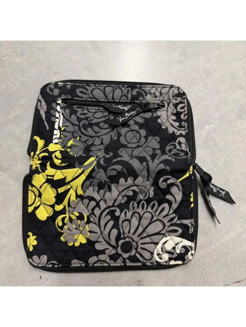 2000s Vera Bradley Baroque Floral Zip Around Wristlet Wallet Black Gray Yellow - Picture 4 of 6